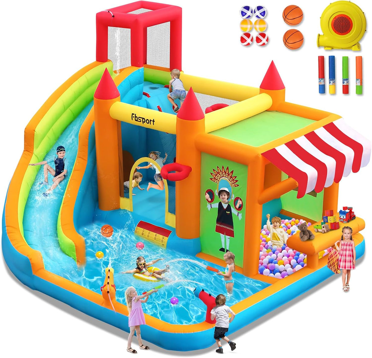 FBSPORT Hüpfburgen, Blau/Gelb/Grün/Rot, hüpfburg Outdoor mit gebläse Kinder aufblasbare hüpfburg
