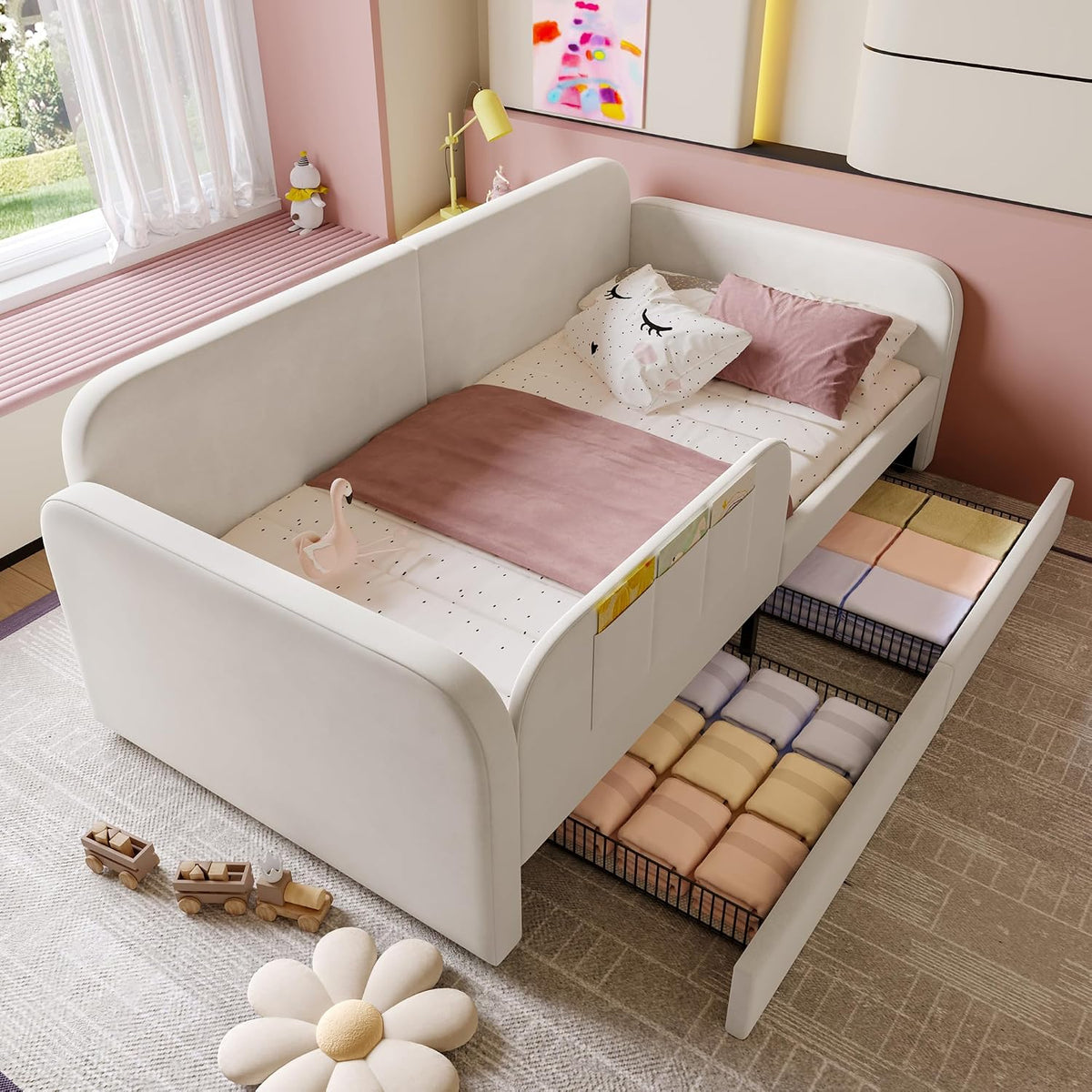 ANIROY Bett, 90x200 cm, Schwarz, Kinder-Spleiß, Polster, Schlafsofa Day Tages Einzel mit Metall gestell & 3, Samt