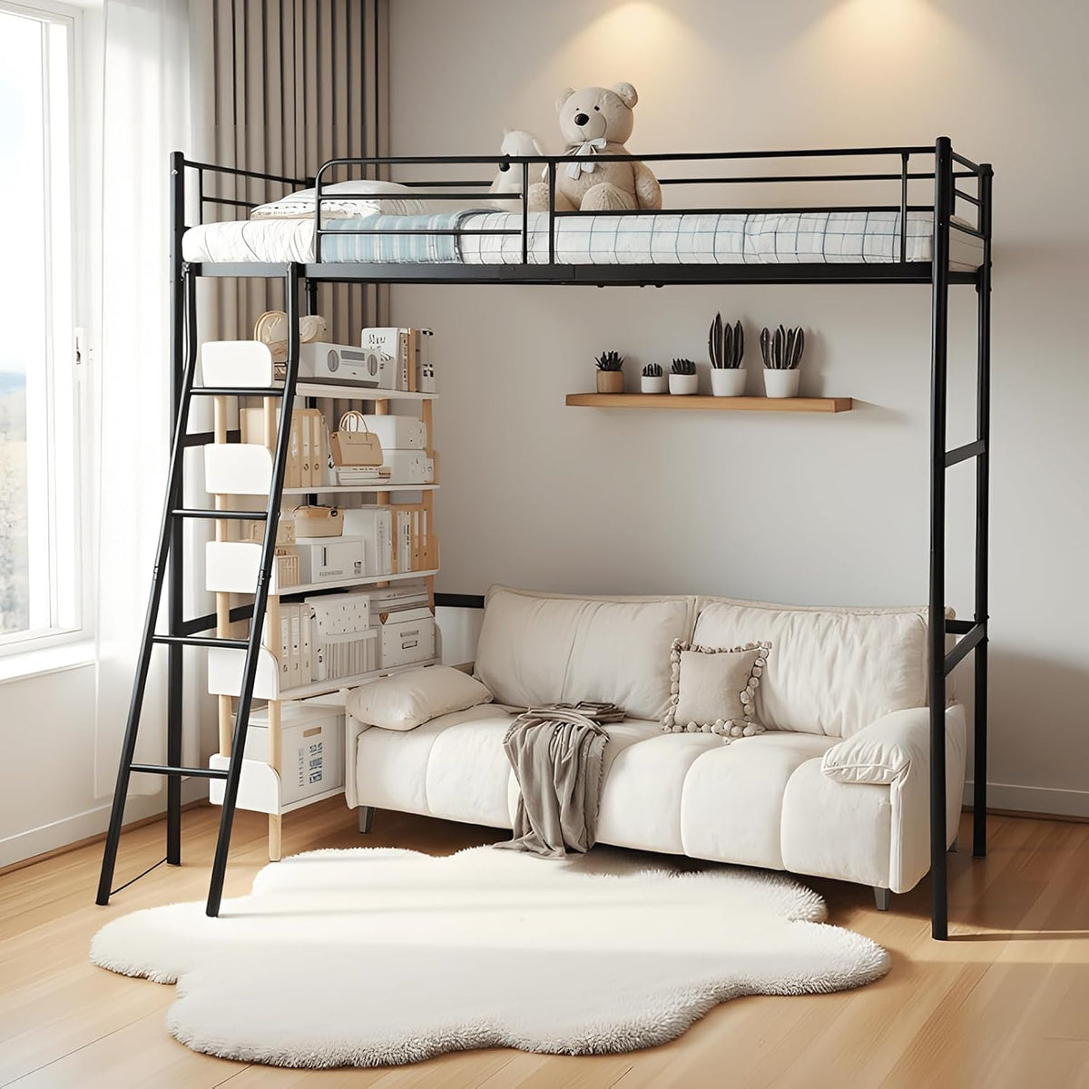 FetiNes Bett, 90x200 cm, Schwarz, Hoch, Kinder rahmen Metall, Etagen mit Barriere und Schrägleiter, für Erwachsene Jugendliche und Kinder