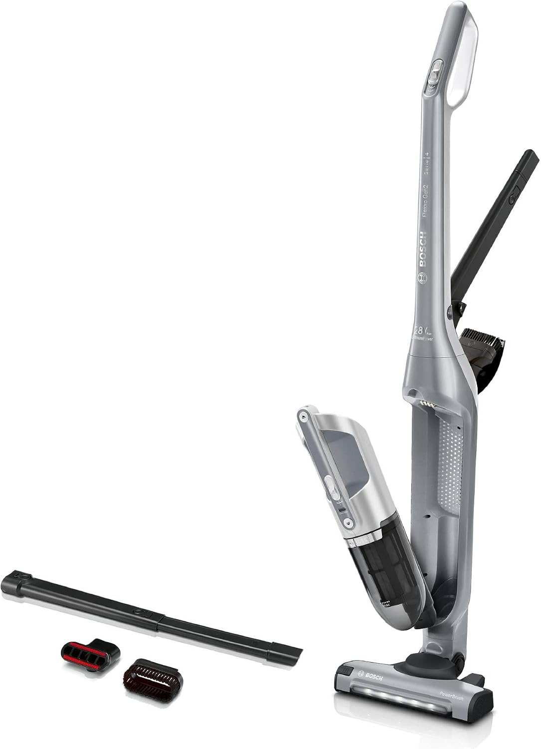 Bosch Staubsauger, Silber, Akku- Flexxo 2in1 Serie 4 BBH3K2801, kabelloser Hand, beutellos, hohe Saugleistung, Lange Laufzeit