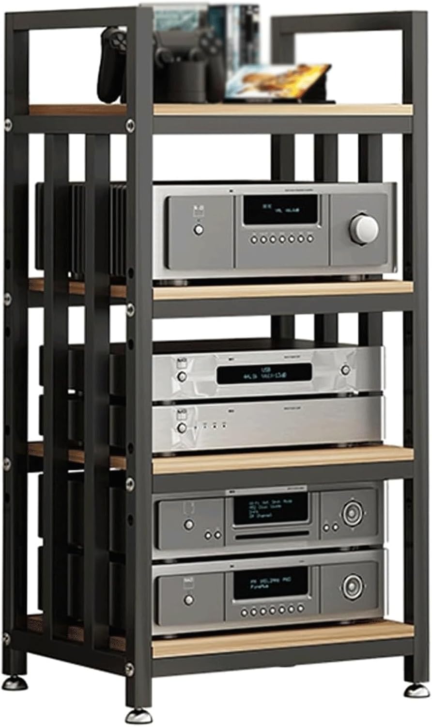 PZEOB Audiogerät, Stahlblech der Güteklasse E1 + Stahl, Braun, Audio-Rack, 4-stufiger Medienständer mit verstellbaren Regalböden