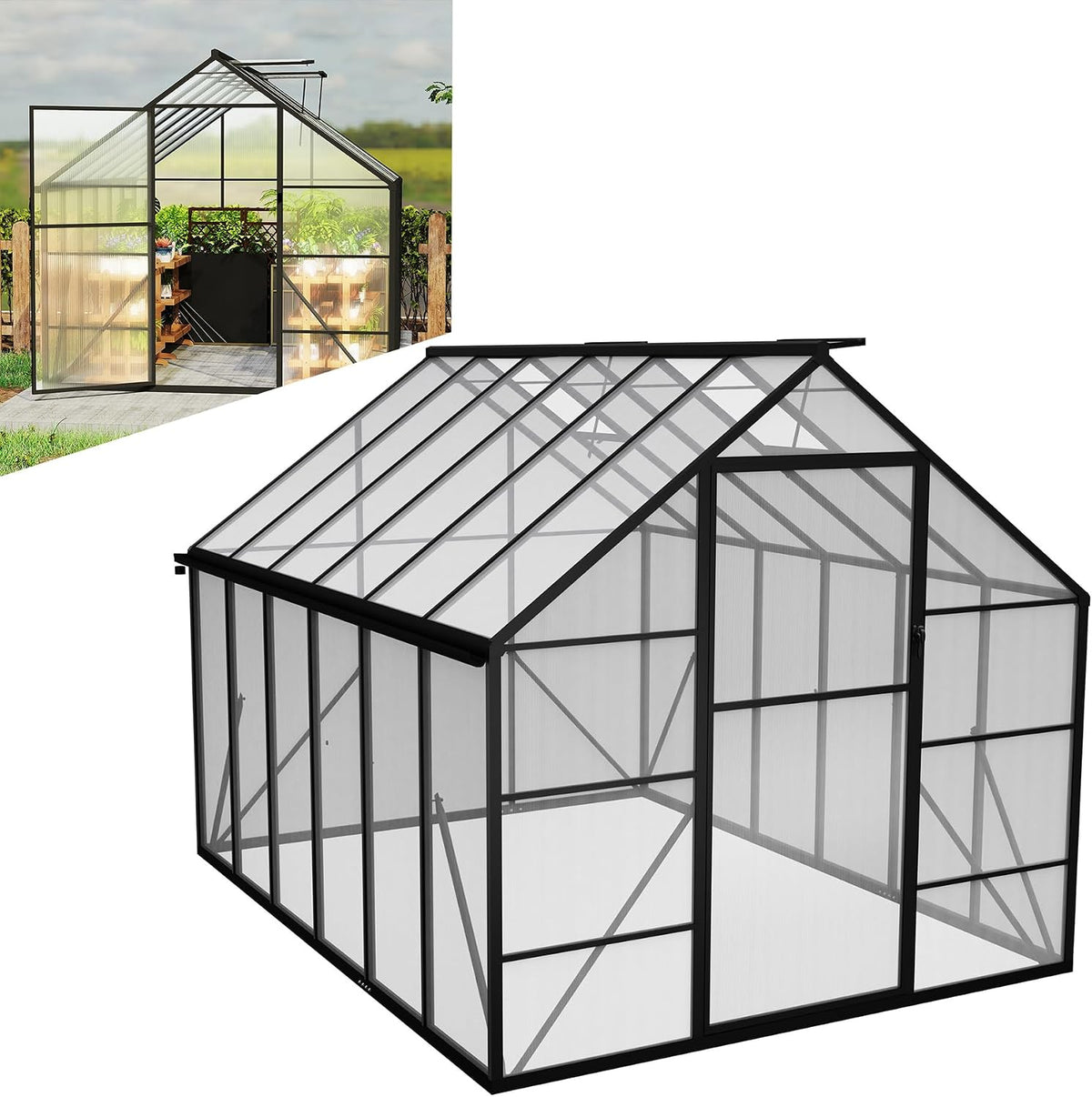 LZQ Dachfenster, 310x250x205 cm, Schwarz/Transparent, Gartengewächshaus Aluminium mit Fundament Gewächsh
