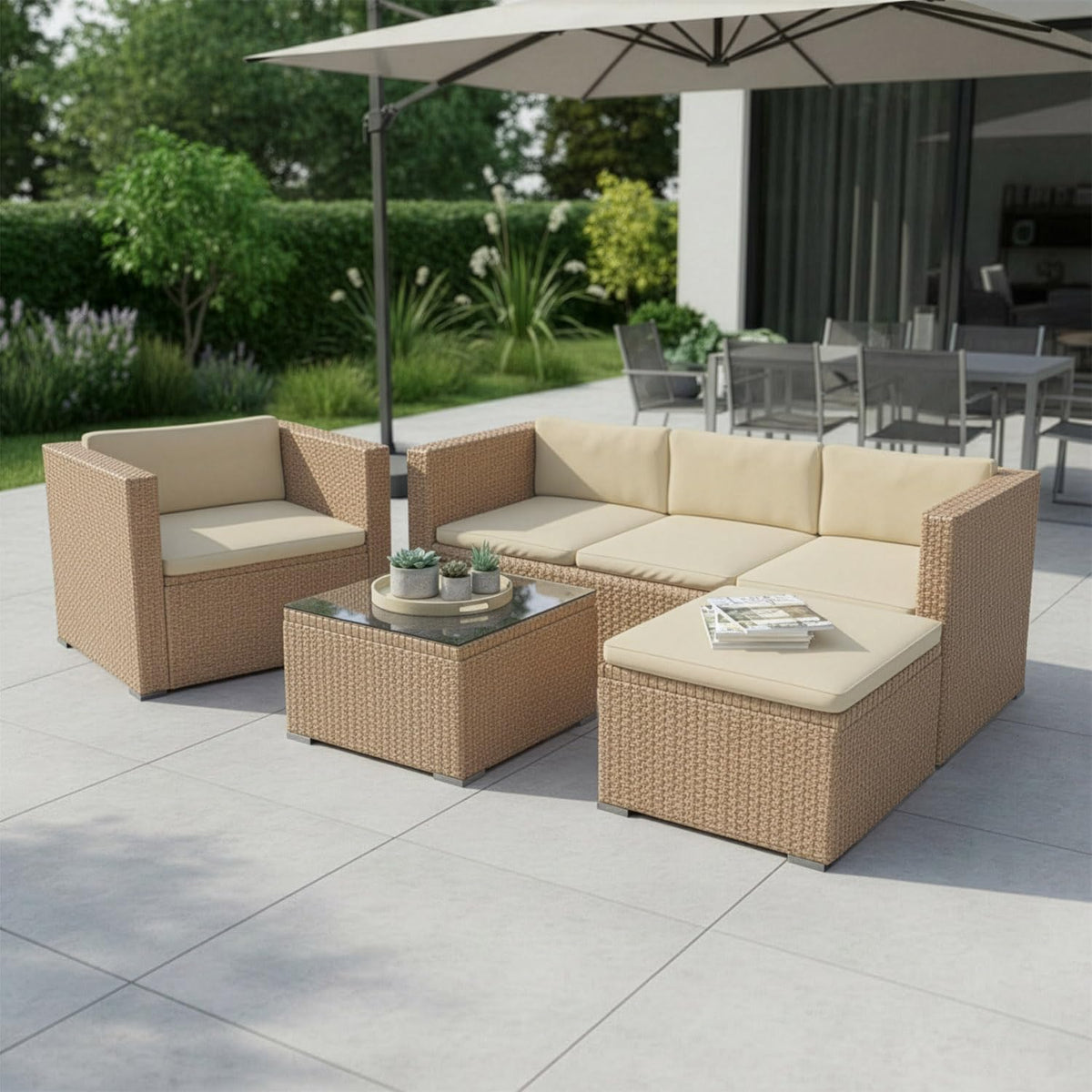 Sofa Juskys, Creme, Polyrattan Lounge Punta Cana L für 4-5 Personen mit 3er, Sessel, Hocker, Tisch & Kissen, Sitzgruppe für Garten