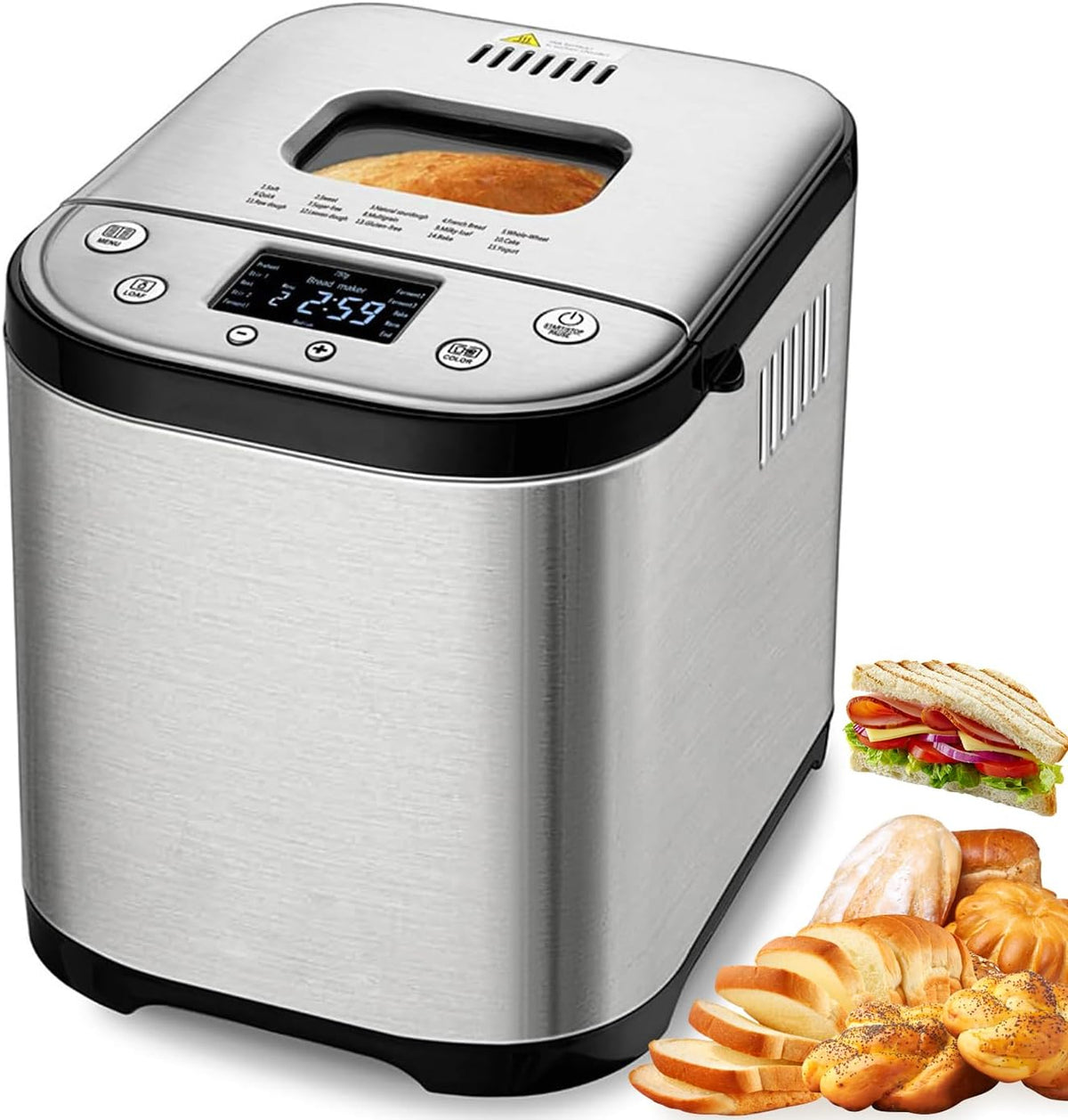Brotbackautomat, 37,3 * 31 * 34,8 cm, Edelstahl, Silber/Schwarz, mit 15 voreingestellten Menüs, automatischem Teigkneten