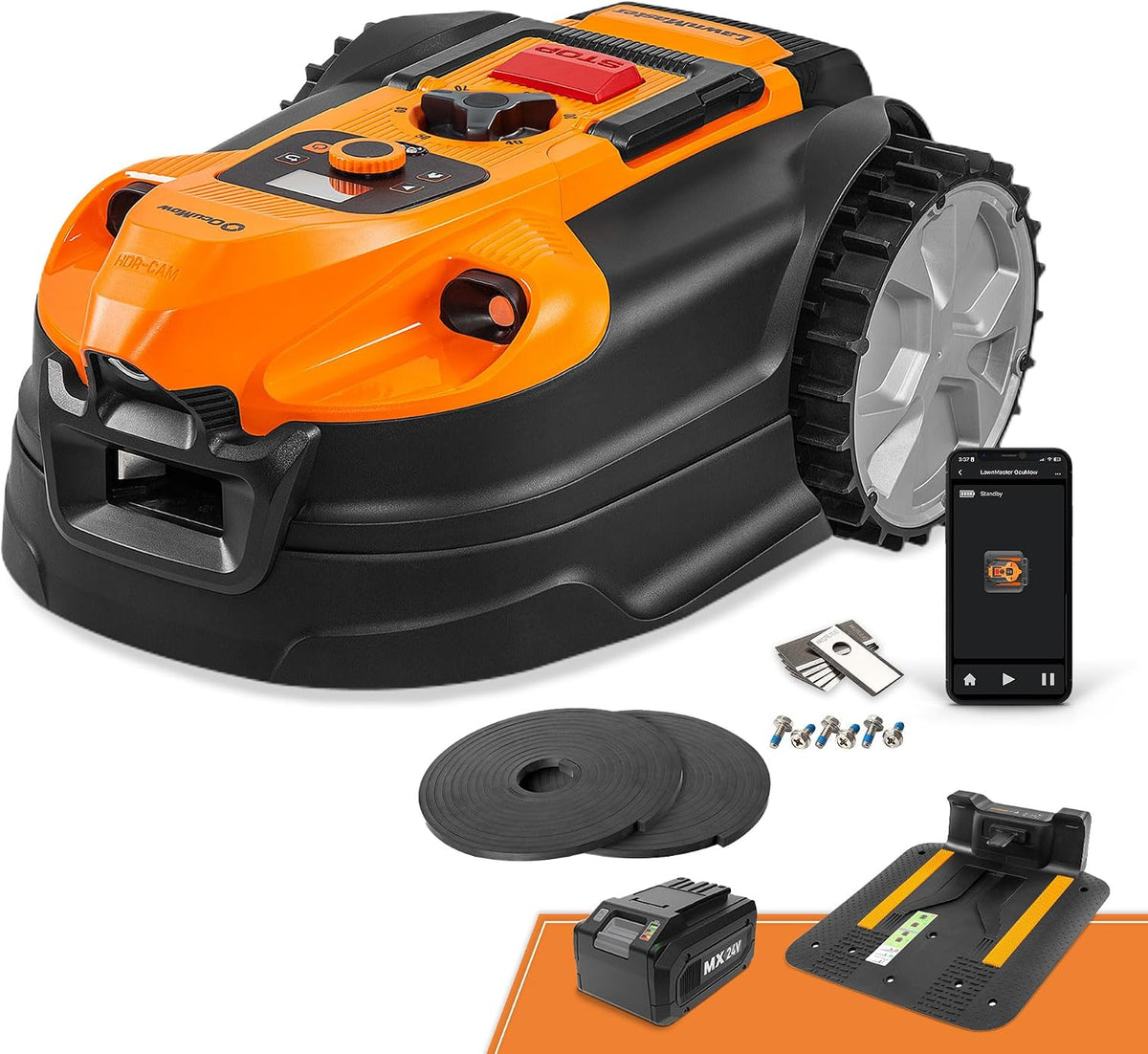 Lawnmaster Mähroboter, 18 m, 4ah, Orange/Schwarz, OcuMow18 ohne begrenzungskabel für bis zu 800㎡ Batterie, Hindernisvermeidung
