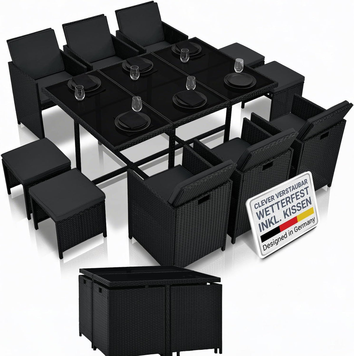 Gartenmöbel-Set Juskys, Schwarz, Polyrattan Sitzgruppe Baracoa XL 11-teilig wetterfest &, 4 Hocker