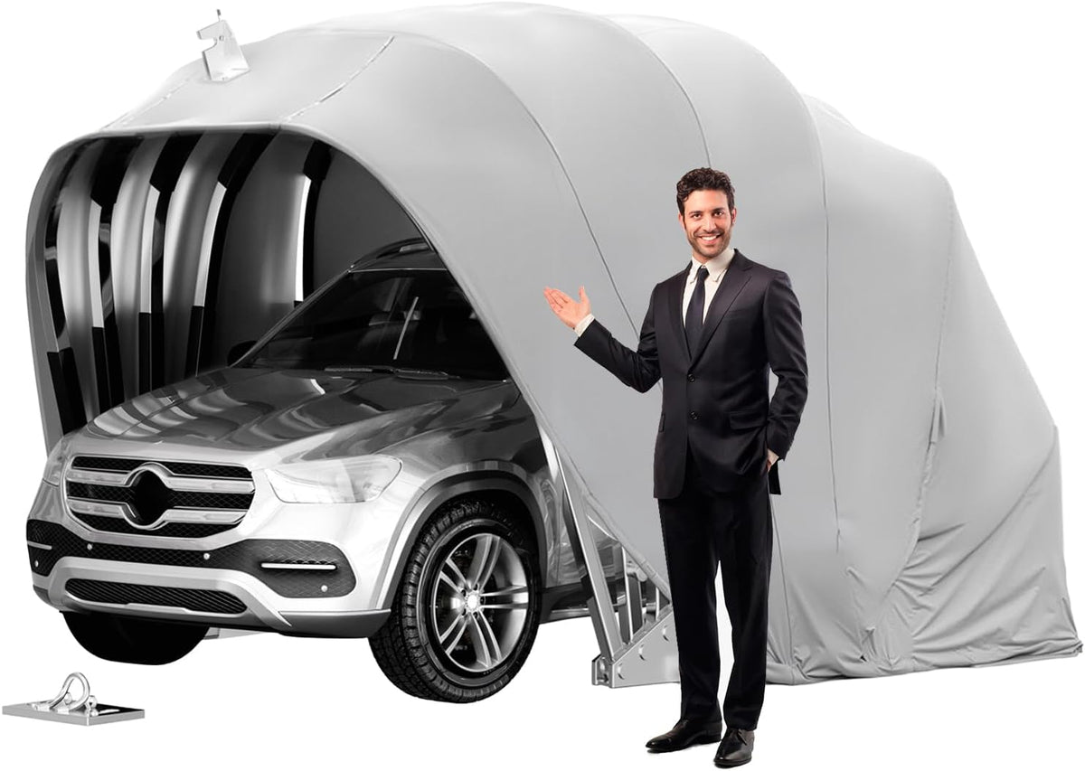 WPPTNSFY Markise, 5.9M, Grau, Allwetterfester Auto-, Halbautomatische Faltgarage mit Zahlenschloss, Faltbarer Carport für den Außenbereich