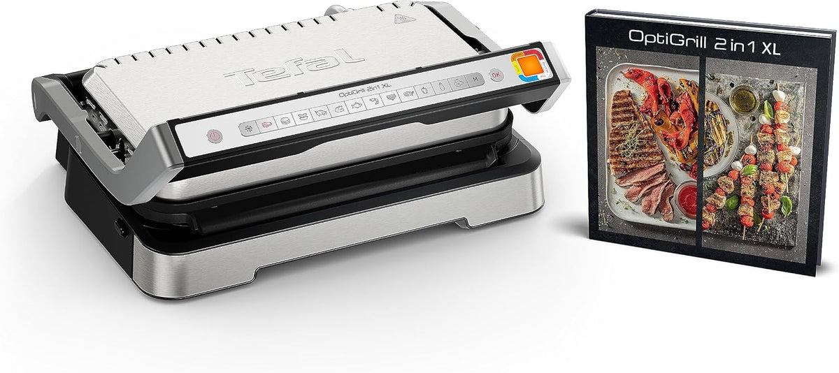 Tefal Elektrogrill, Silber/Schwarz, OptiGrill 2in1 XL Kontaktgrill, Aufklappbar, Tischgrill, 12 Programme, Garstufenanzeige