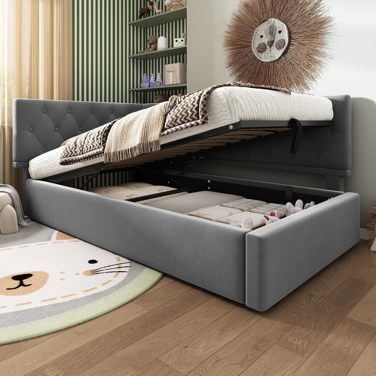 Jovify Bett, 90x200 cm, Grau, Polster, Einzel Tages mit Hydraulischer Stauraum, Stauraum Kinder Jugend Day Gäste Schlafsofa gestell