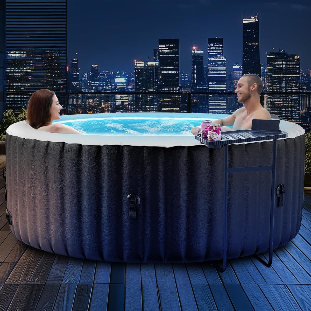 ZIKEBTUY Badewannen mit Sprudelfunktion, 180x180x63.5 cm, Schwarz/Weiß, Whirlpool Outdoor Aufblasbar mit Licht 2-4 Personen Hot Tub