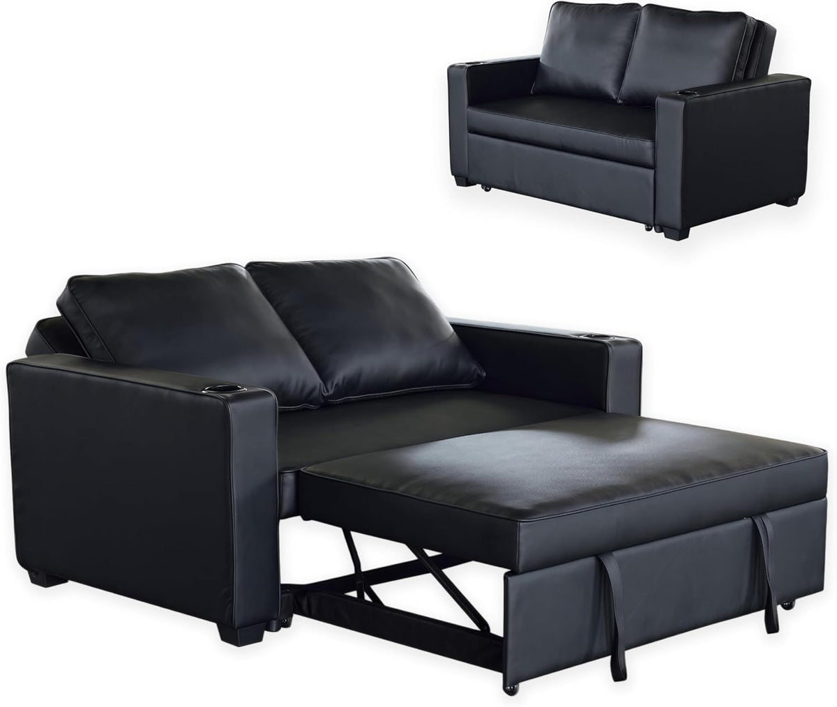 Sofa Hoclauho, Schwarz, 2-Sitzer Schlaf mit Ausziehfunktion, Multifunktionales bett mit Getränkehaltern & Kissen