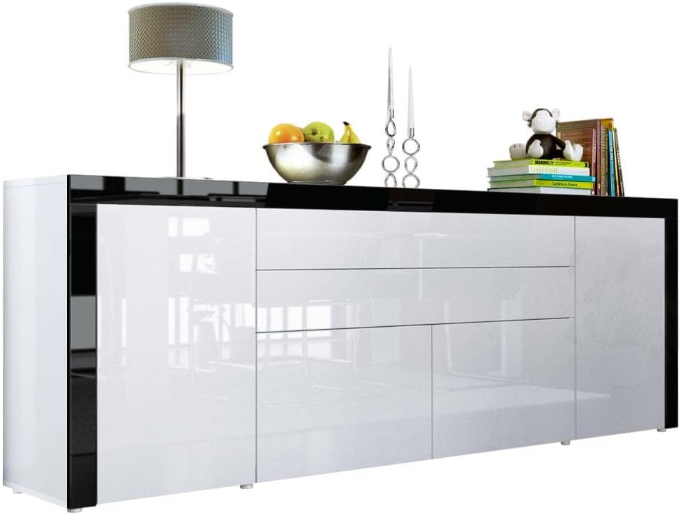 Vladon Sideboard, 200 x 72 x 35 cm, Schwarz, La Paz V2, Made in Germany, Kommode mit 2 Türen, 2 Schubkästen und 2 Klappen