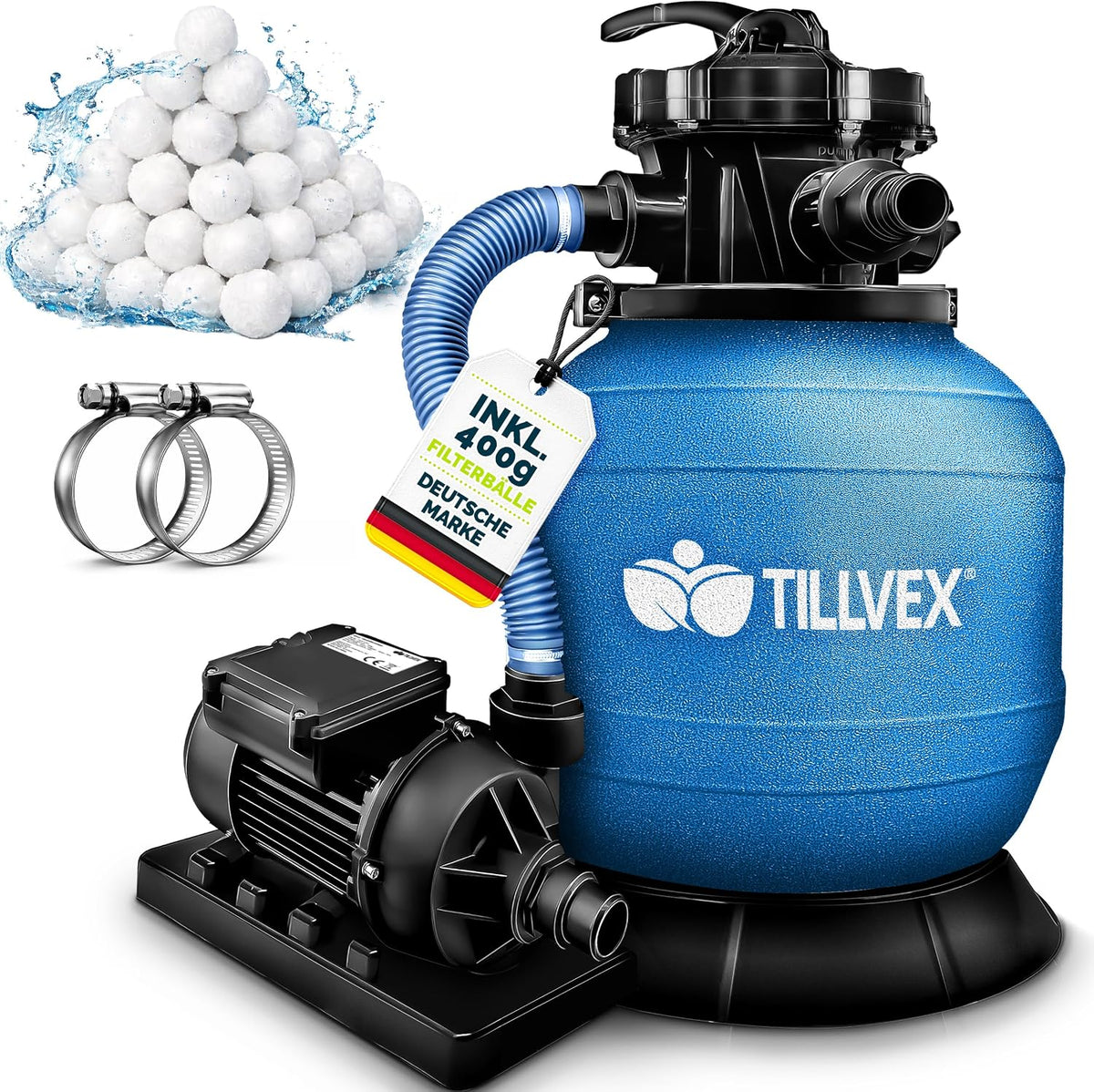 tillvex Filter, 7.900 L, Grau, Sand anlage Pool /h + 400 g bälle & 7-Wege Ventil
