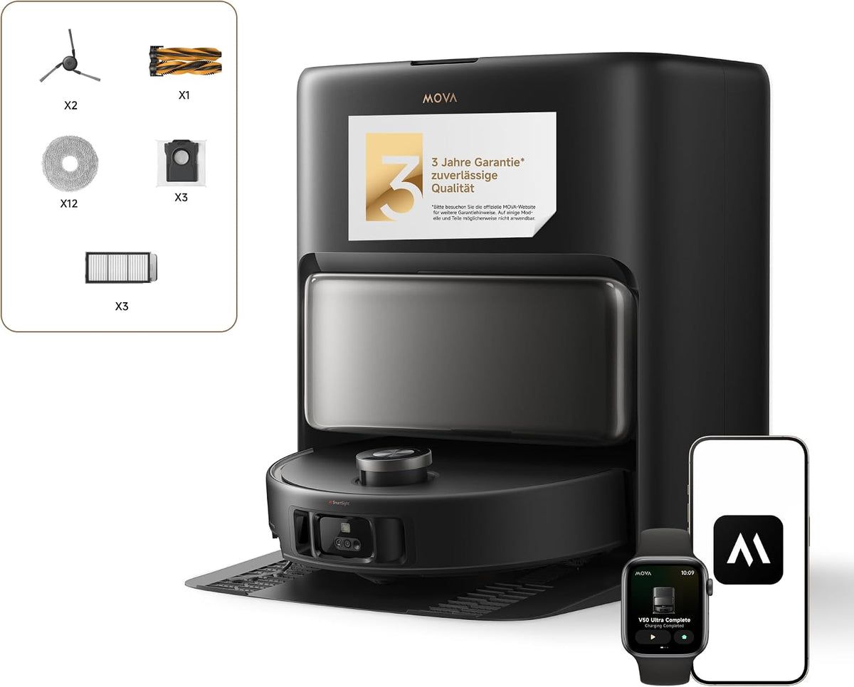 Mova Saugroboter, 6 cm, Schwarz, V50 Ultra Complete mit Wischfunktion 24.000 Pa, Hindernisüberwindung, Liftable Navigation+RGB AI+LED