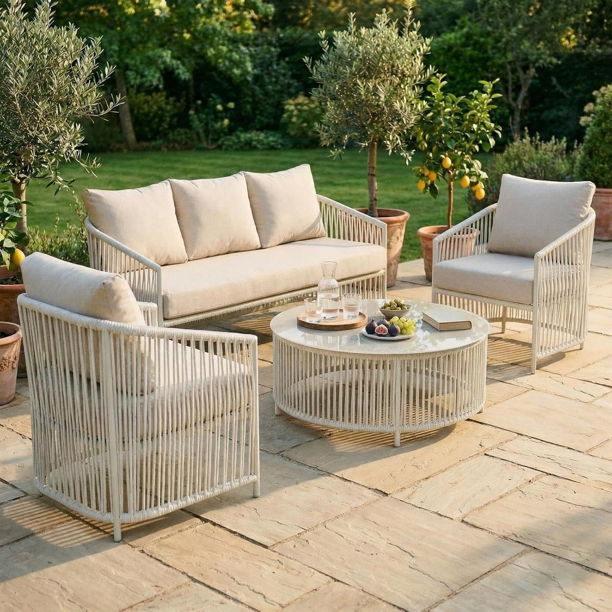 Sofa IDIMEX, beige, Outdoor Set KULO 4-teilig, weiß/, Lounge-Set aus Aluminium mit Rope-Bespannung, Couchtisch mit Glasplatte