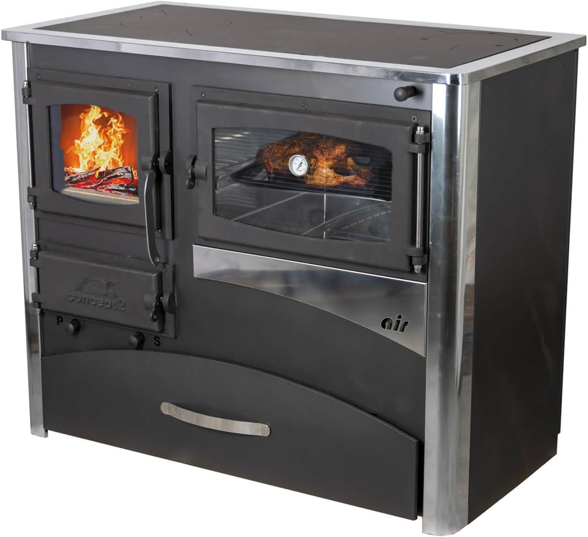 DanDiBo Kaminofen, 11,6 kW, Schwarz/Silber, EEK A mit Backfach und Herdplatte ABC Concept 2 Air Rechts