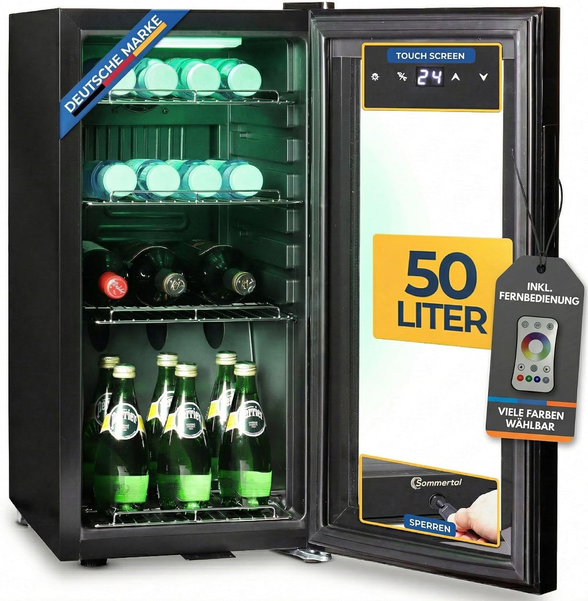 Sommertal Getränkekühlschrank, 50 L, Schwarz, Kühlschrank mit Glastür GK50, Leiser mit RGB LED, Touchscreen & Schloss Kleiner Flaschenkühlschrank