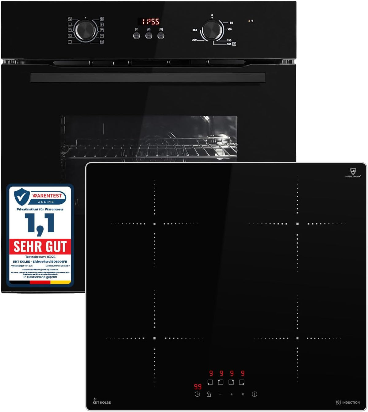 KKT KOLBE Backofen, 60 cm, 59 cm, schwarz, Autarkes Herdset, Einbau BO8005FB, Induktionskochfeld IH85900ED, Grill Heißluft