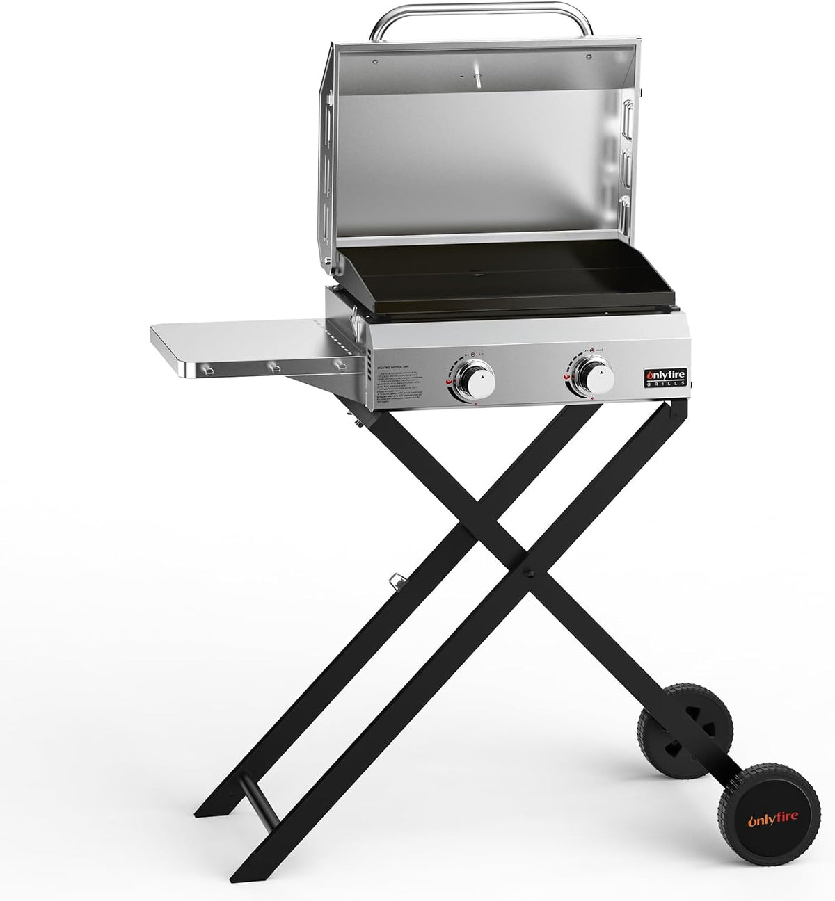 onlyfire Gasgrill, 45,8x36 cm, 4,7 kW, Silber/Schwarz, Edelstahl Grillwagen 2 Brenner mit Faltbarem Wagen, Seitenablagen und Grillplatte
