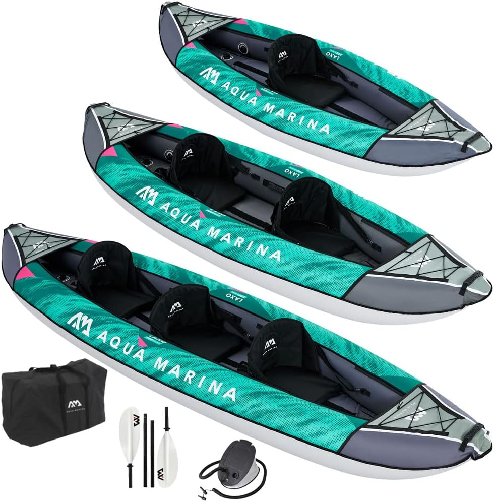 Aqua Marina Aufblasbare Kajaks, 380 x 90 cm, Grau, Kajak aufblasbar im Set für 2, 3 Personen Laxo-380 2022 12'6' Paddelboot Kanu mit Paddel