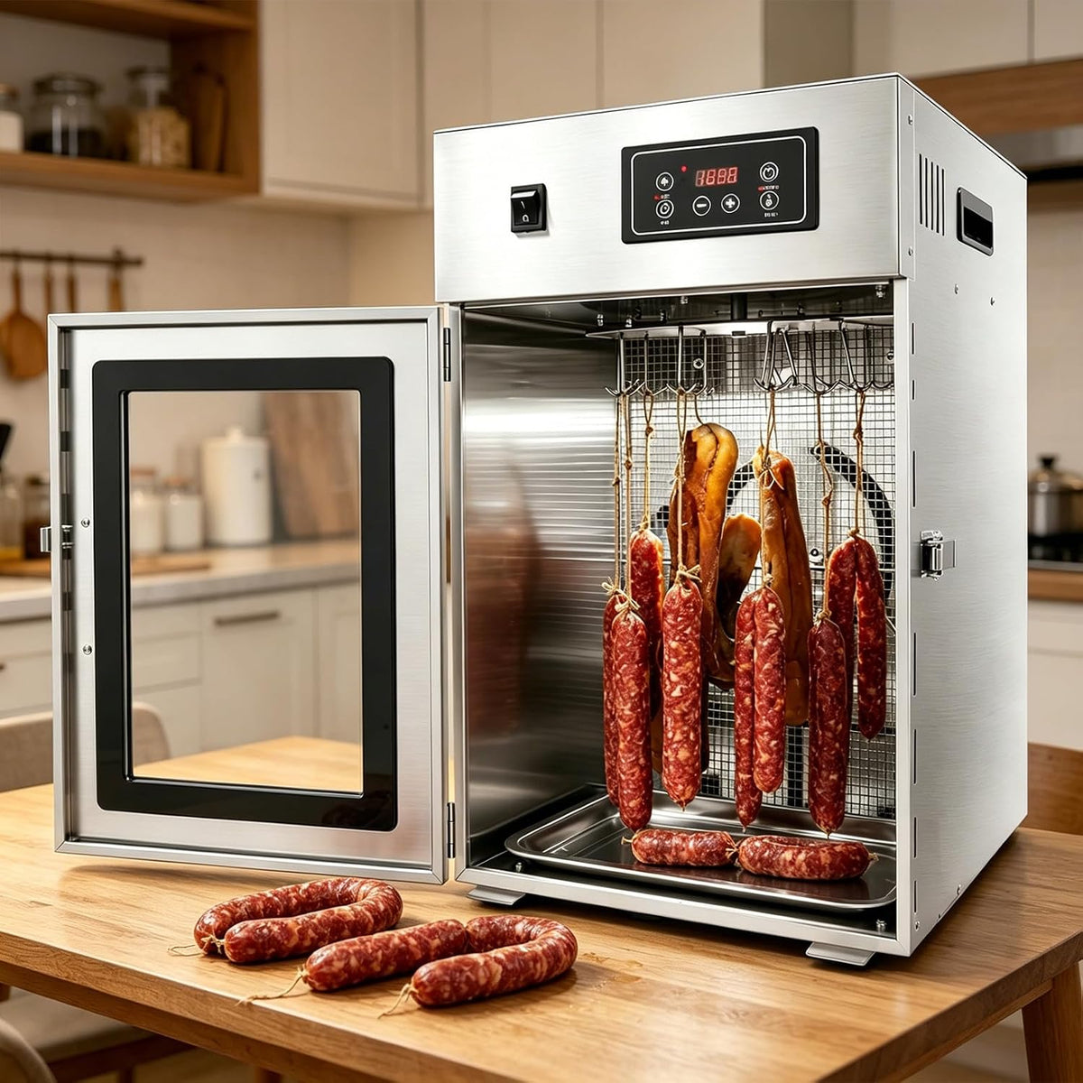 moupeaktain Reifeschrank, 800 W, Silber, Dörrautomat für Fleisch, Edelstahl Fleisch-Trockenschrank mit 14 Haken
