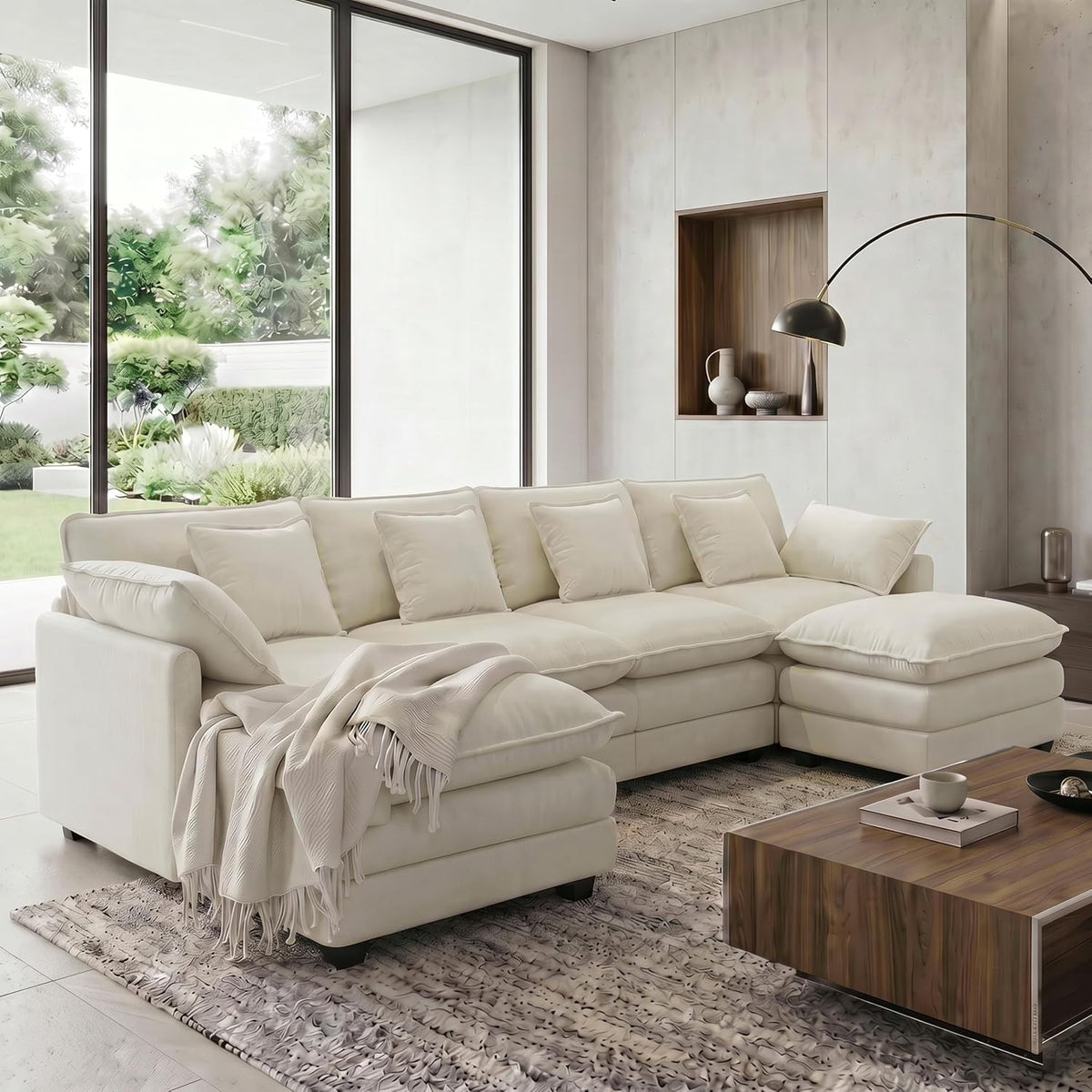 Sofa Urhanherry, Beige, U-Form Cloud, Modulares Sektions 6-Sitzer mit 2 Ottomanen, Modernes mit Dekokissen/Armlehnen