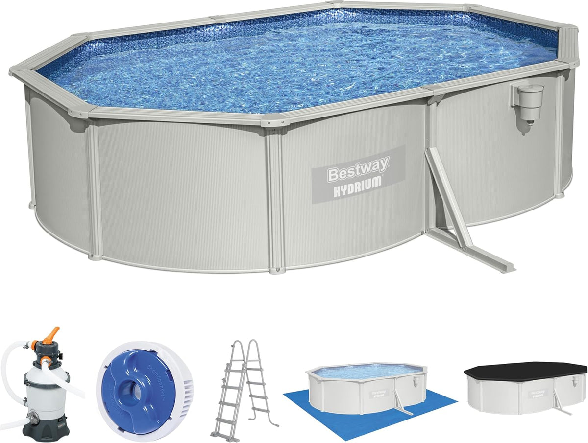 Bestway Stahlrahmenpool, 500 x 360 x 120 cm, Wasserkapazität (90%): 16.269 Liter, Innenverkleidung in Kieselmosaik-Optik, grau