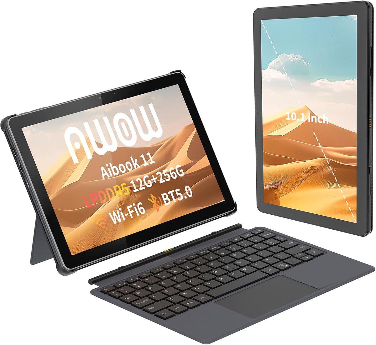 AWOW Tablet, 10,1 Zoll, Grau, AIBOOK 11 2-in-1 PC mit Deutsch-Tastatur, 12GB LPDDR5 RAM, 256GB PCIE3.0 SSD, Alder Lake N95