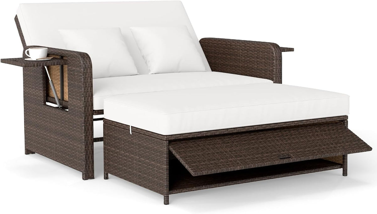 Sofa COSTWAY, Braun, Rattan Lounge, Lounge Möbel Outdoor, Garten mit Liegefunktion, 2-Sitzer Gartenlounge mit Kissen & Seitenablagen