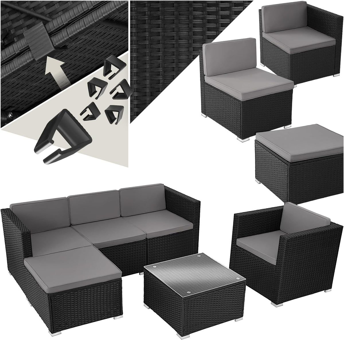 tectake Sofa, Pulverbeschichteter Stahl, Polyethylen, Polyester, Glas, schwarz