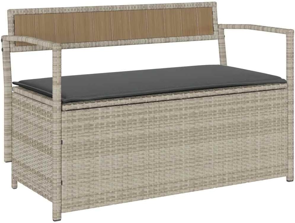vidaXL Sitzbank, PE-Rattan, pulverbeschichteter Stahl, Sperrholz, Hellgrau, Gartenbank mit Stauraum und Kissen Poly Rattan