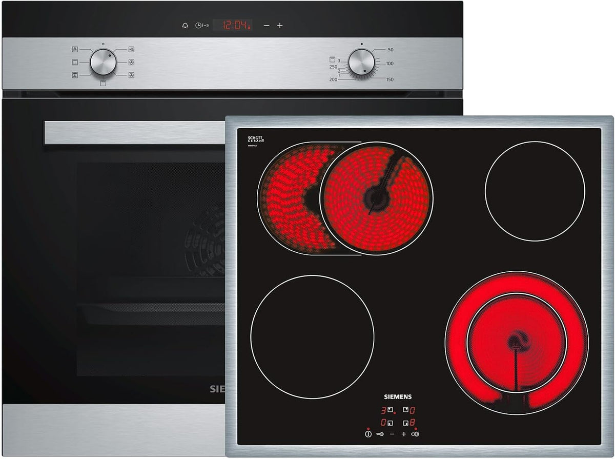 Siemens Backofen, Schwarz/Silber, EQ112EA01Z Set Edelstahl HB113FBS1 + Glaskeramik Kochfeld