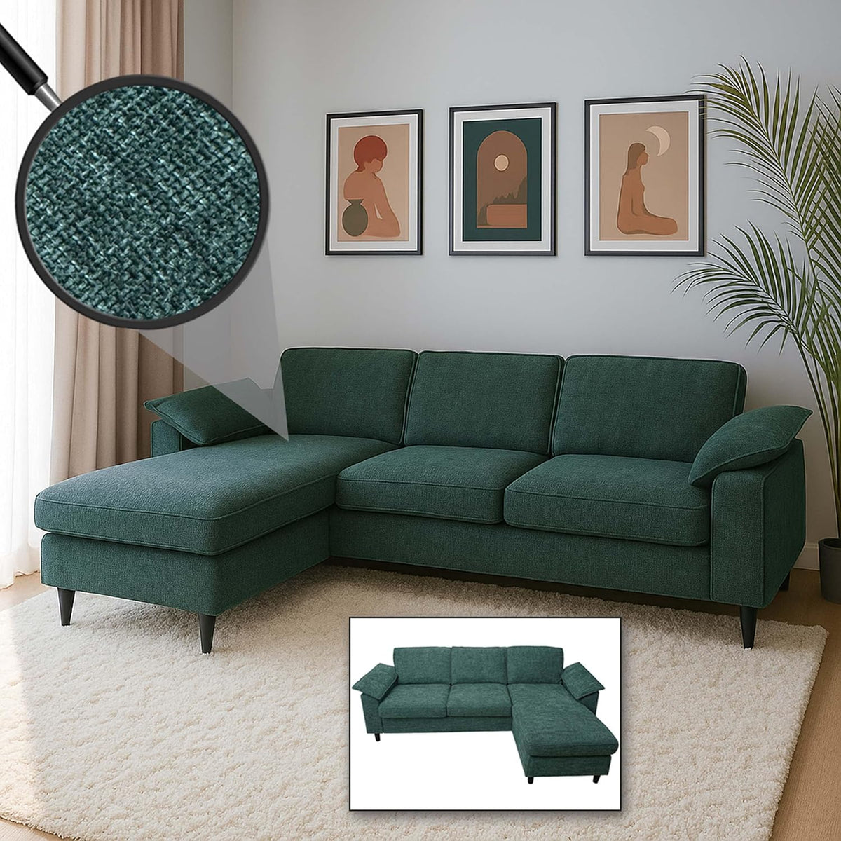 Sofa Mendler, 84x229x140 cm, grau/grün, Garnitur HWC-O71 - grau-grün