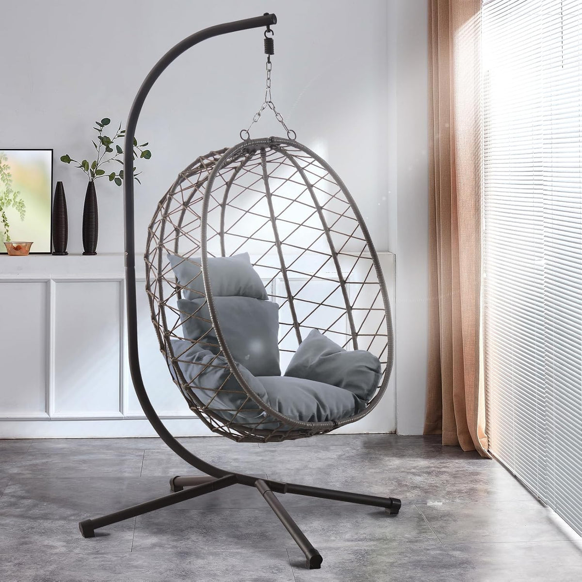 Hängesessel RAMROXX, Schwarz/Grau, Luxus NEW XXL Gestell Schwarz mit Korb und Relaxkissen Grau