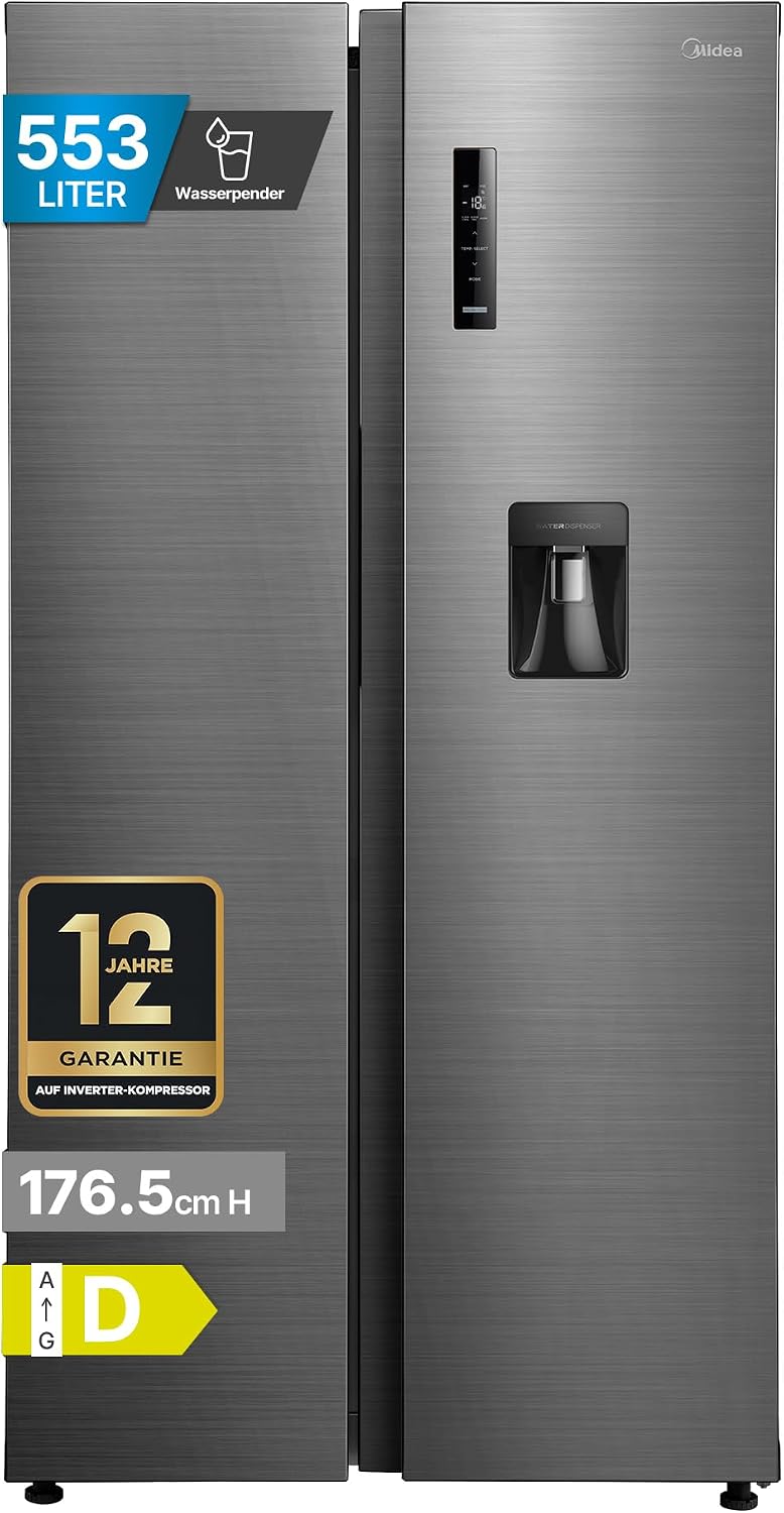 Midea Side-by-Side-Kühlschrank, 553 L, 3 L, Silber, Side-by-Side Kühlschrank mit Wasserspender und Wassertank