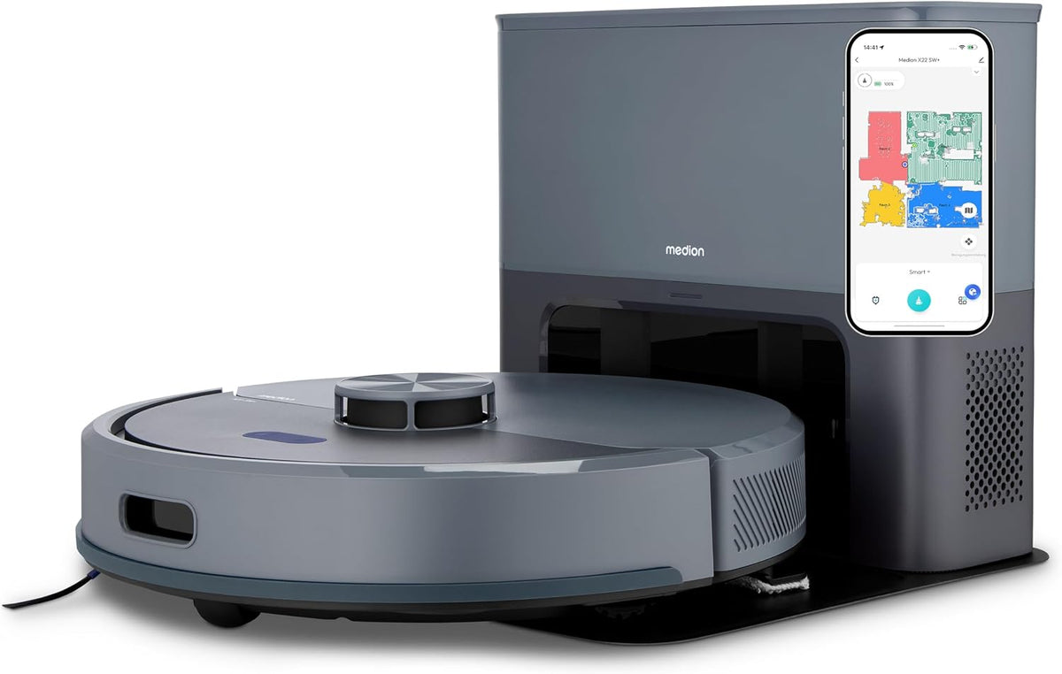 MEDION Saugroboter, blau, mit Absaugstation und Wischfunktion X23 SW+ (Lasernavigation, Starke 5000Pa Saugkraft