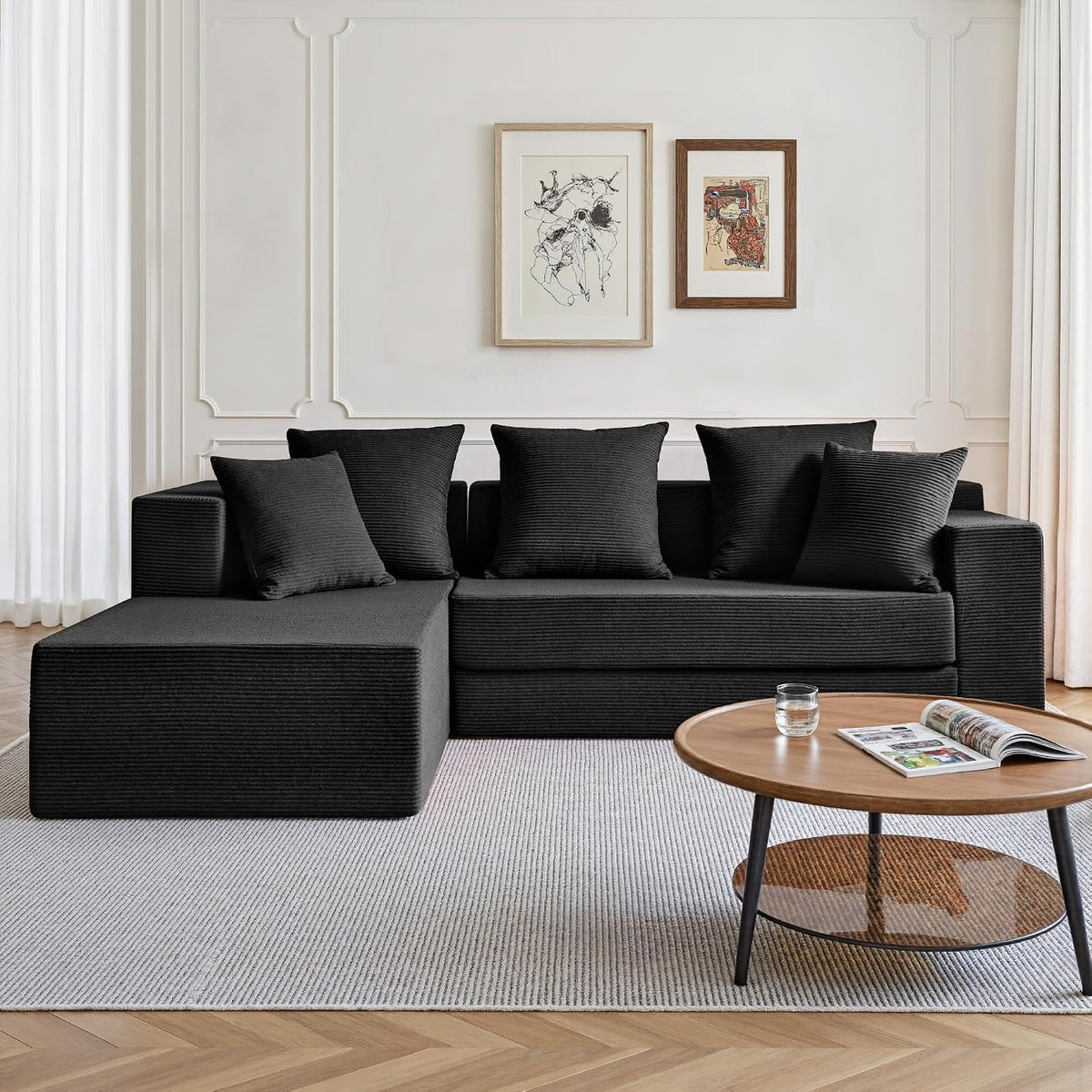 YINIX Sofa, 235 cm, Schwarz, Boneless Cloud Couch L-Form mit Schlaffunktion, Modulares Eck Cord für kleine Wohnungen