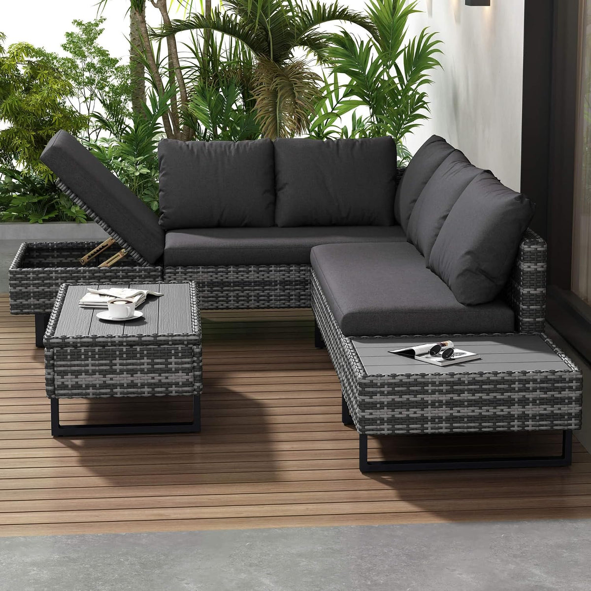 DRIXNO Sofa, Grau, Poly-Rattan-Garnitur, Gartengarnitur Sitzgruppe Lounge, Gartenlounge für 4-5 Personen, Lounge mit Eck