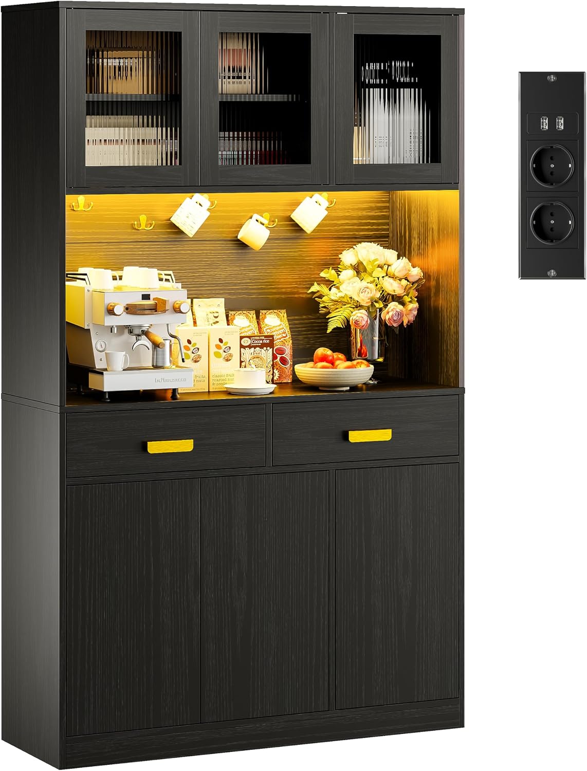 IRONCK Buffetschrank, Grau, Küchenschrank mit Arbeitsplatte, mit Steckdose und LED