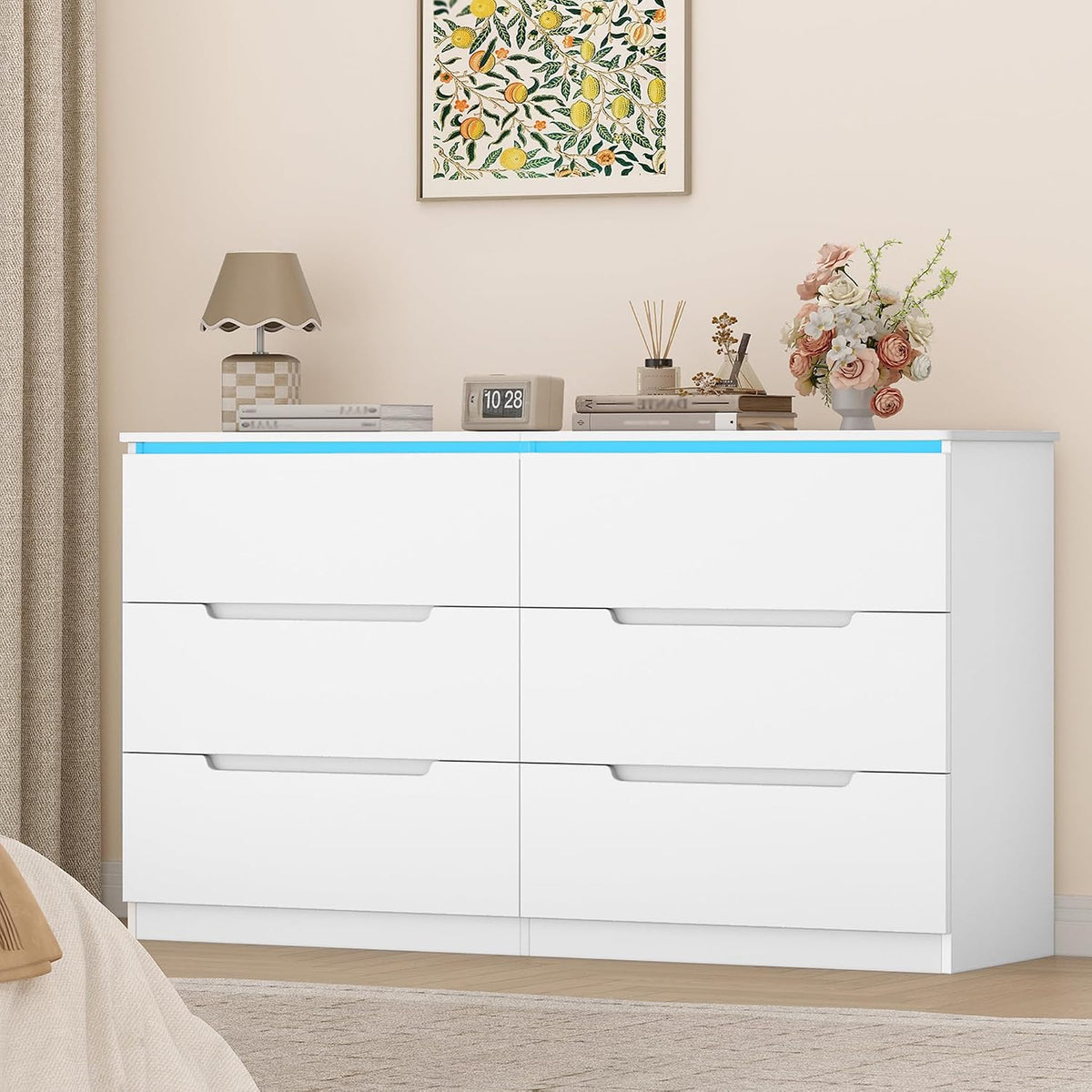 Hzuaneri Sideboard, 40 x 140 x 80 cm, Spanplatte, Braun, Kommode mit LED-Beleuchtung, 6 Schubladen, Weiß
