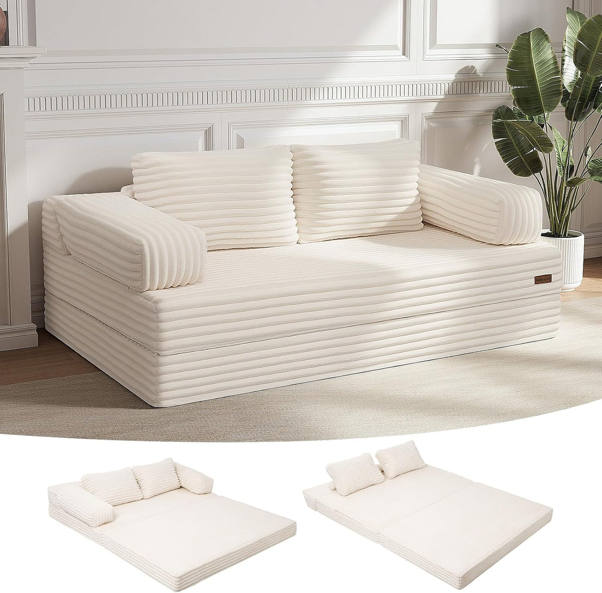 Sofa MeMoreCool, Beige, Schlaf Cord, Klappbares Bequemes Boden mit schlaffunktion, Boneless Couch mit Kissen für Schlafzimmer
