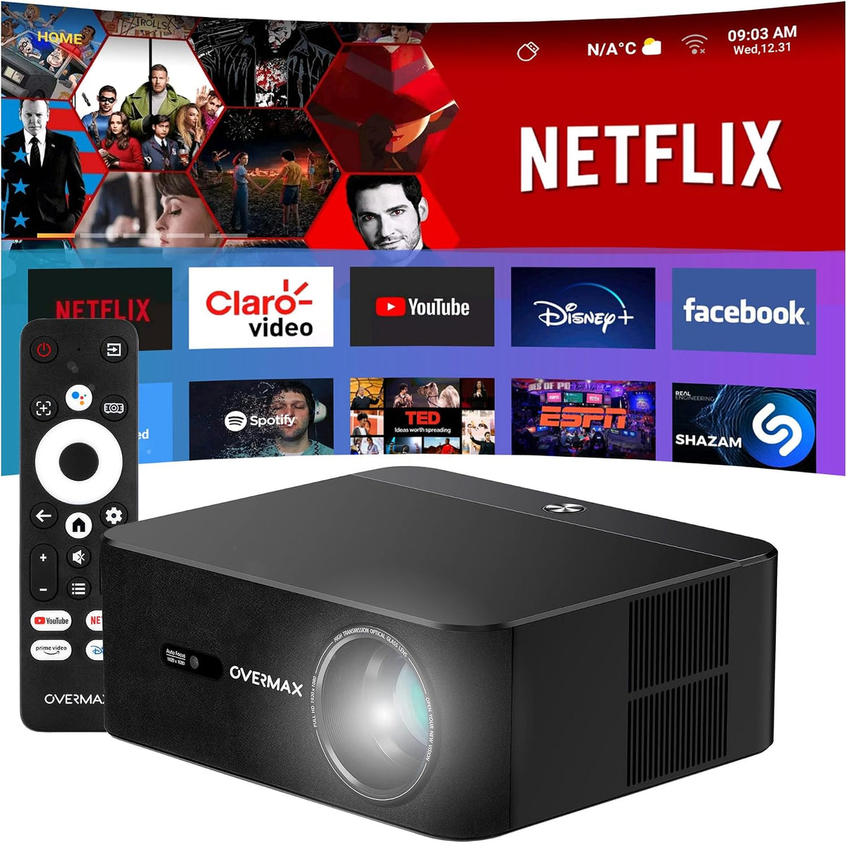 OvermaxModel:Multipic 5.2Eigengewicht:2 Fernseher, Schwarz, Overmax Projektor 4K Full HD 1080P 5.2, Google TV, WLAN
