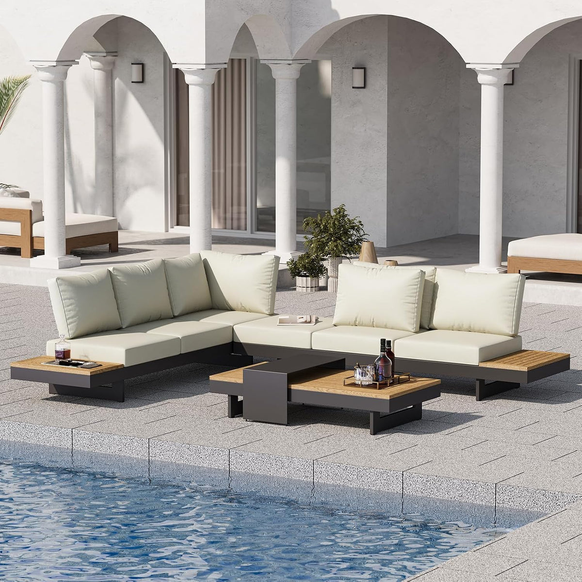 Sofa Homary, Schwarz, 6-Sitzer Garten Lounge Set mit Aluminiumrahmen und Teak