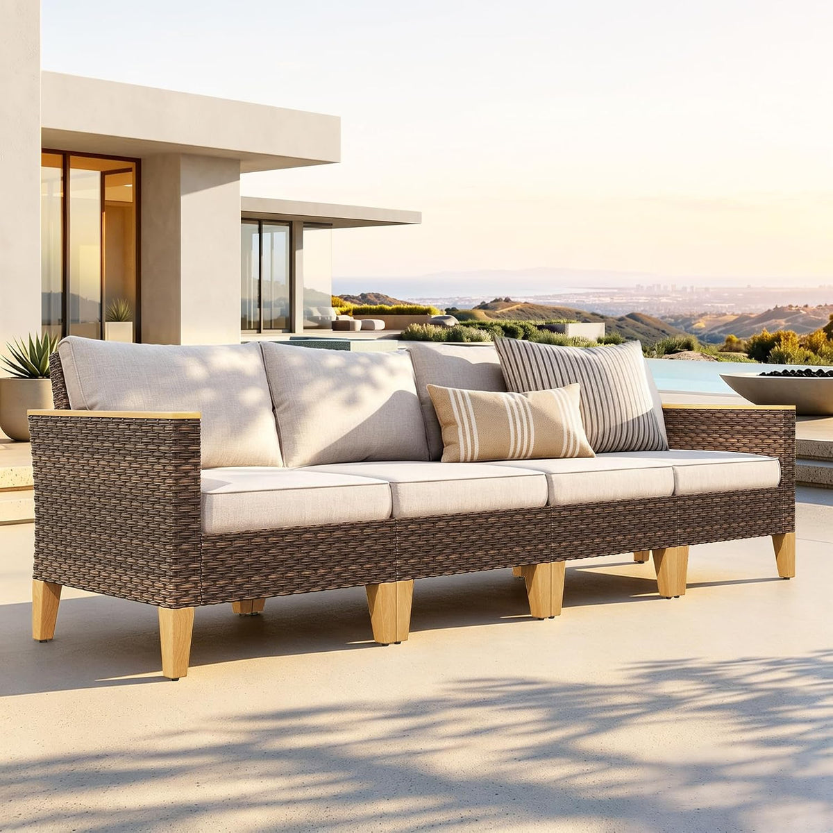 PHI VILLA Gartenmöbel-Set, Beige/Braun, 4‑Sitzer Rattan Gartenmöbel Set Balkonmöbel, Lounge Möbel Outdoor Gartenlounge Set