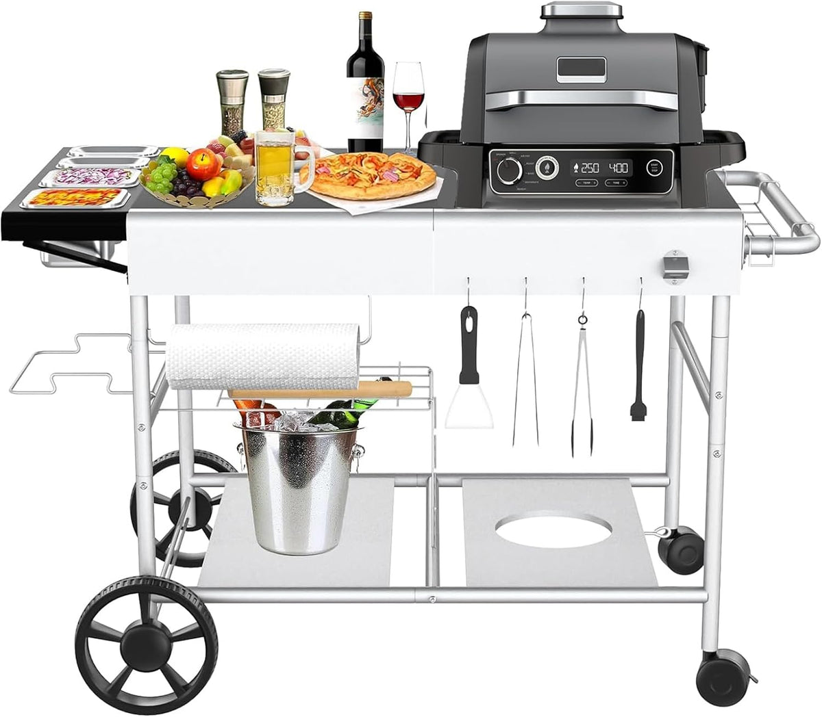 GFTIME Pizzaofen, 128 x 64 x 78 cm, Schwarz/Weiß/Silber, Grillwagen Servierwagen für Weber Q Serie, Ninja Woodfire