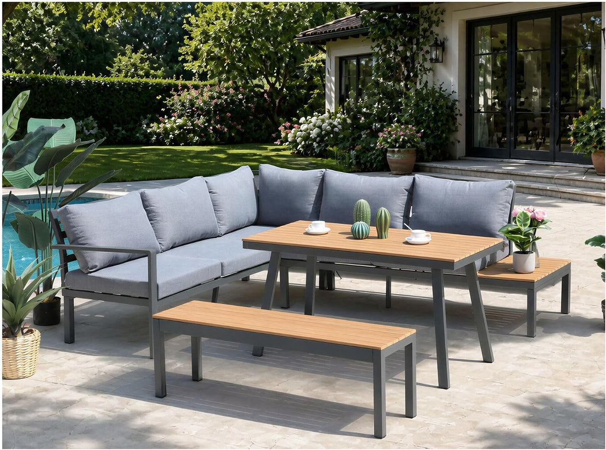 Sofa ALEOS., grau/anthrazit, Gartenlounge Lounge Set aus Aluminium und echt Teakholz