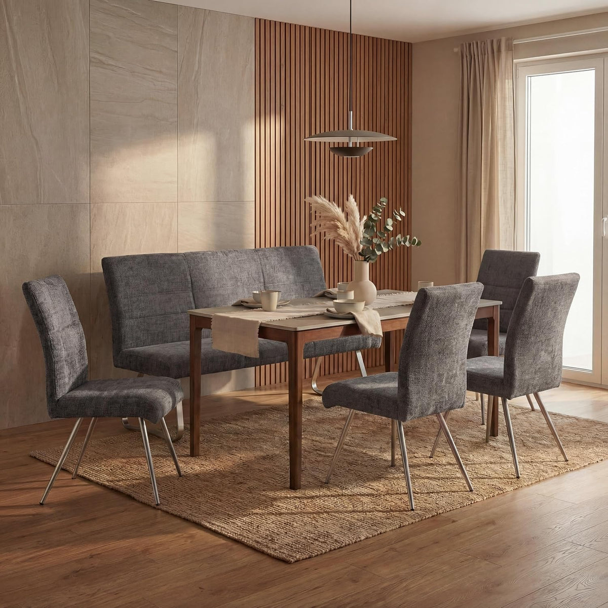 Mendler Sitzbank, 160 cm, Dunkelgrau/Silber, Esszimmer-Set HWC-G55 4er-Set Stuhl + - dunkelgrau