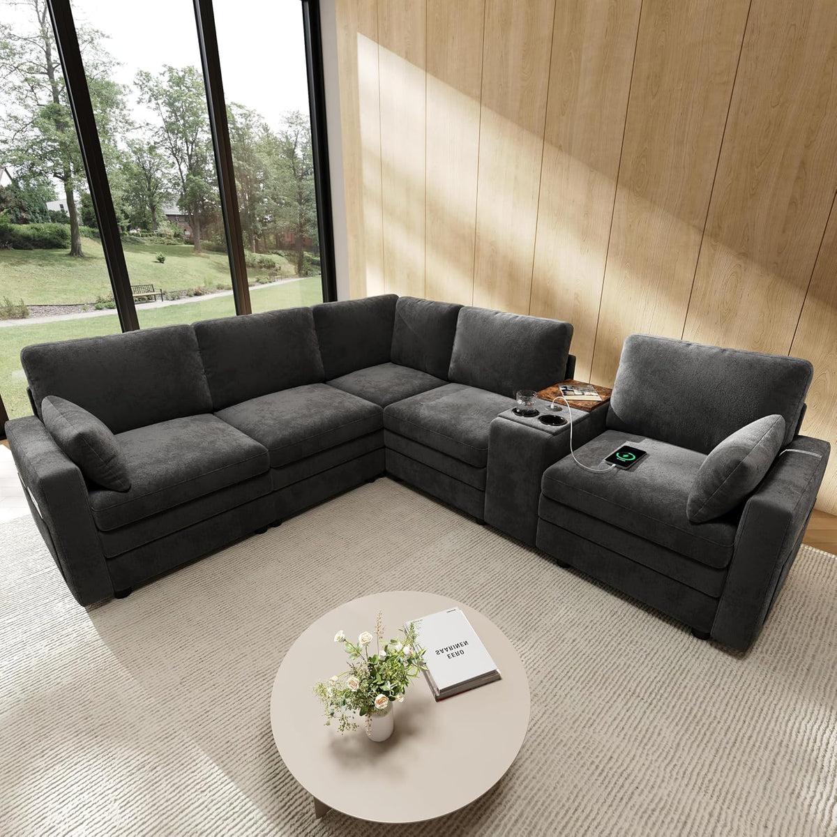 Sofa BEJUDYTT, Grau, Eck 5-Sitzer, Cloud mit Konsole, U-S-B-Anschlüssen & Getränkehaltern, Wendbare Mittelkonsole mit Stauraum