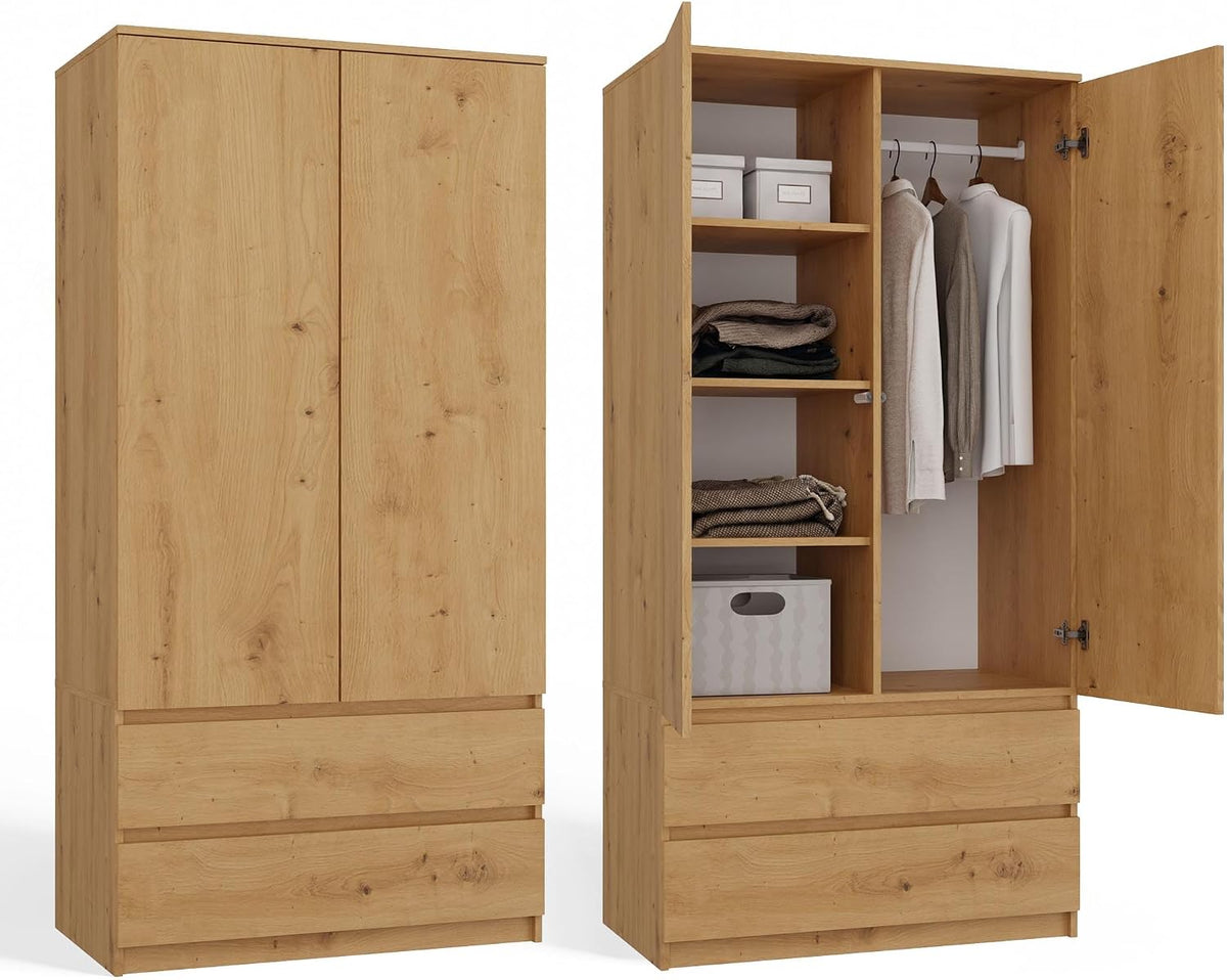 Kleiderschrank CDF, 90 cm, Eiche, breit Zweitüriger Flurschrank mit 2 Schubladen