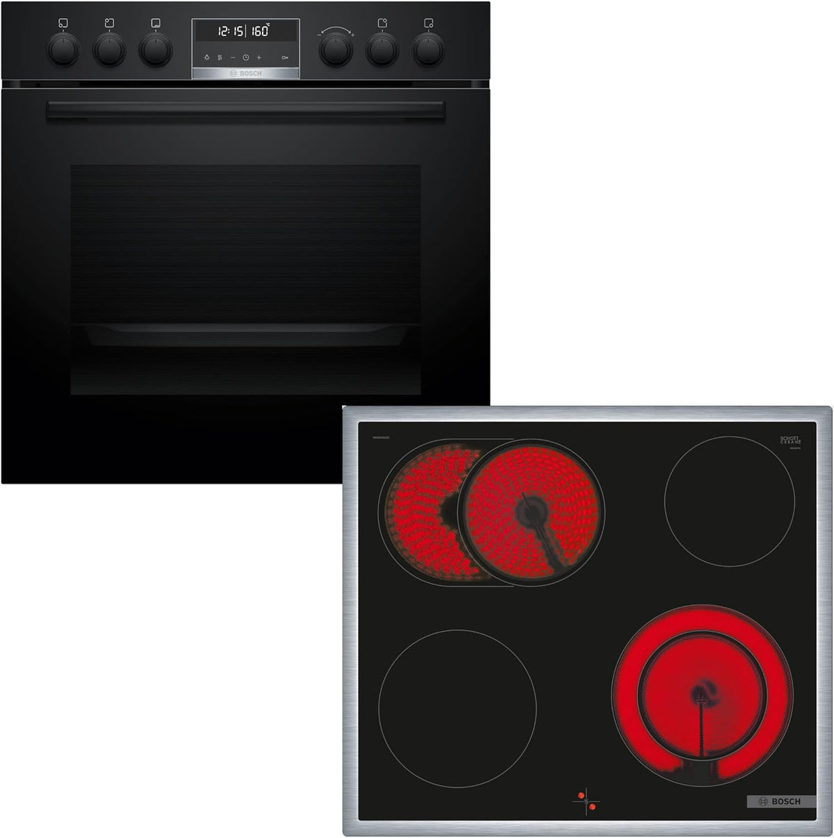 Bosch Kochfeld, 60 cm, Schwarz, Einbauherd-Set HND671LS67, Serie 6 Einbau-Herd, Pyrolyse-Selbstreinigung und Backwagen HEB578BB3